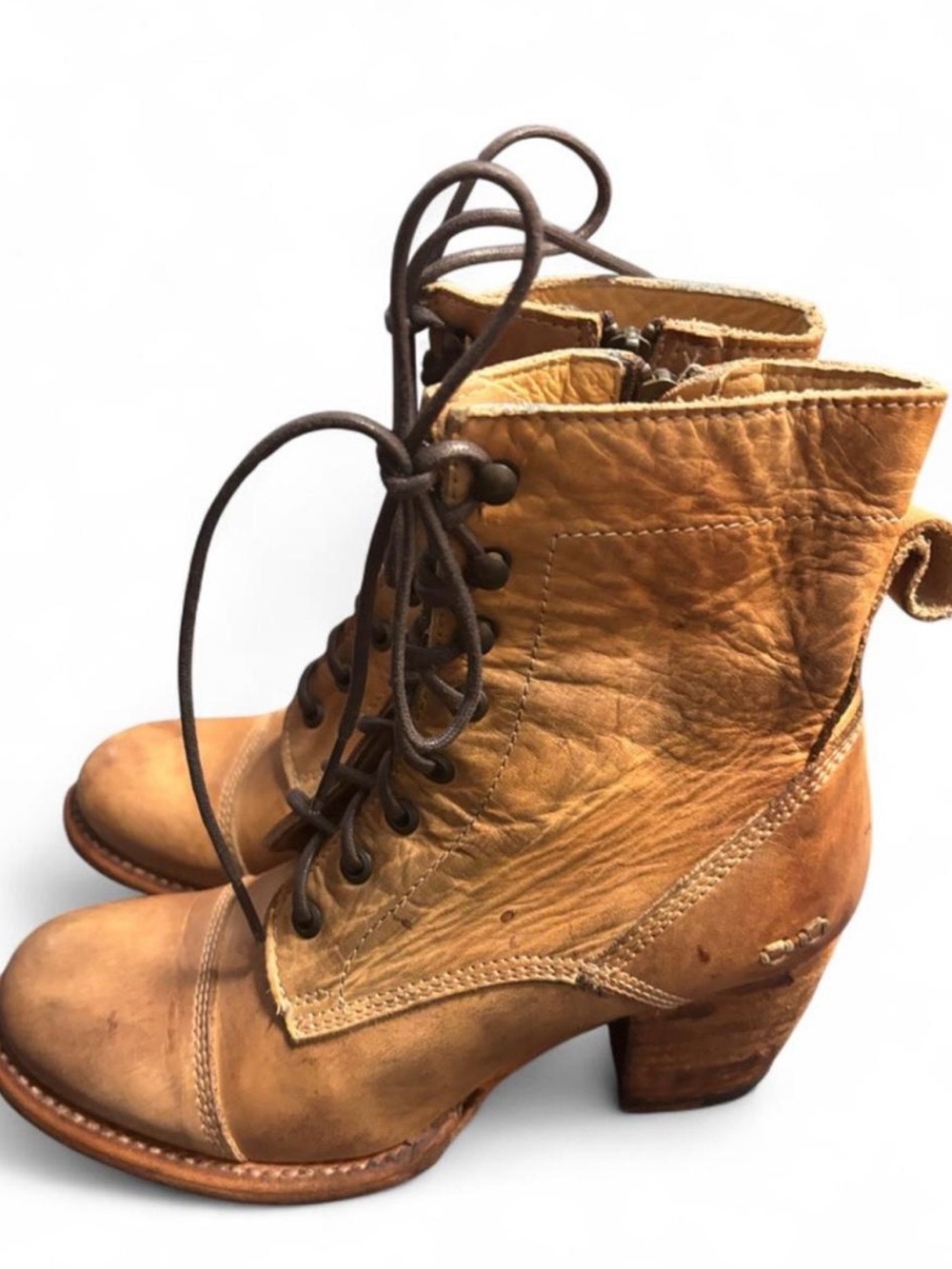 Bed Stu Leather Lace-Up Heeled Ankle Boots in Tan
